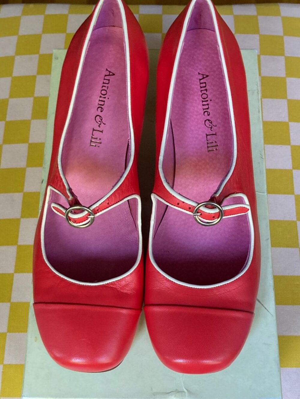 ✨ NWB Antoine & Lili Paris Red Leather Block Heel Shoes Size 38 ✨ - Picture 11 of 14